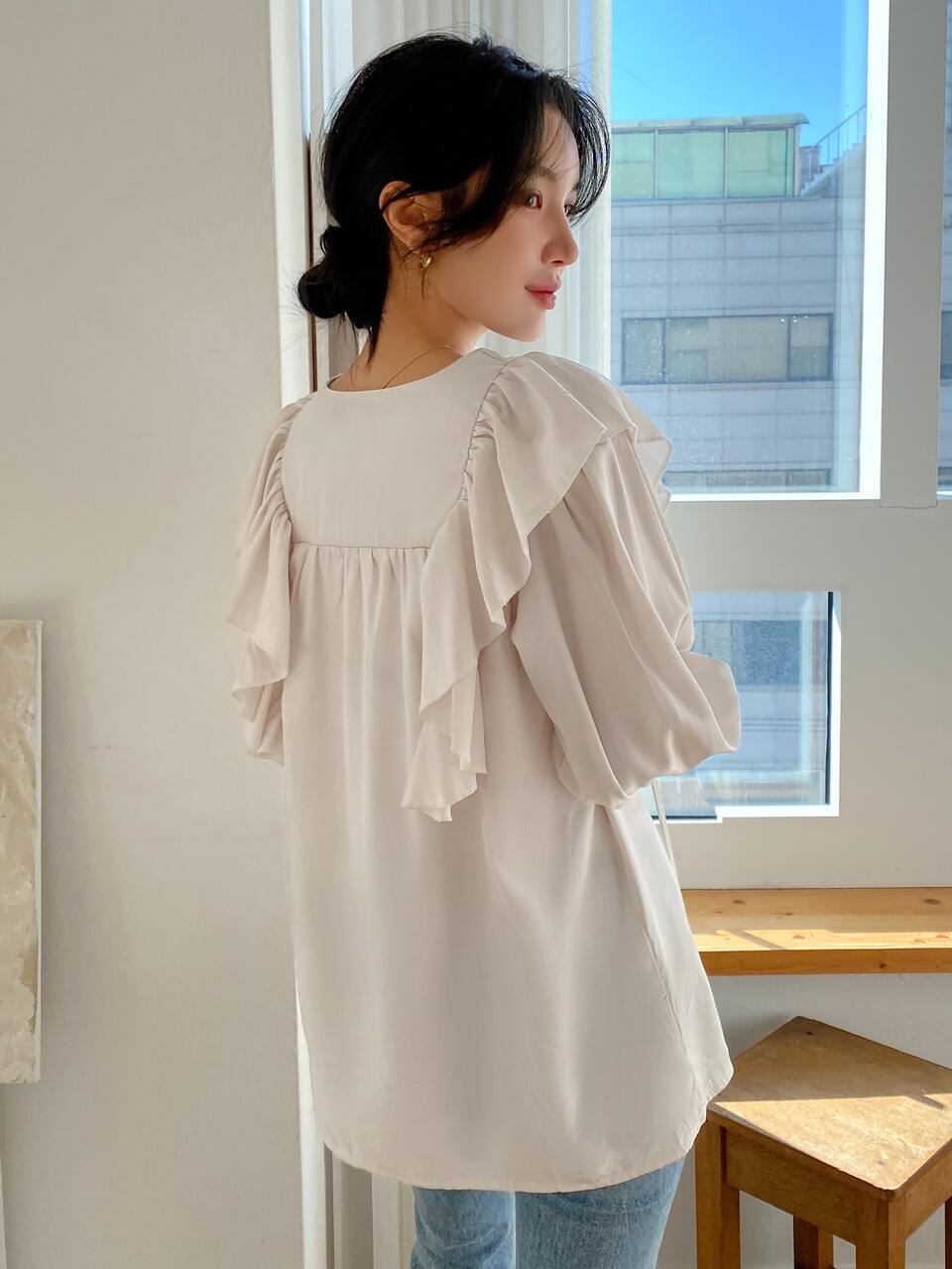Solid Ruffle Trim Bishop Sleeve Blouse