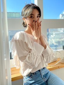 DAZY Blusa unicolor ribete con fruncido de manga obispo - Albaricoque - Ver 4