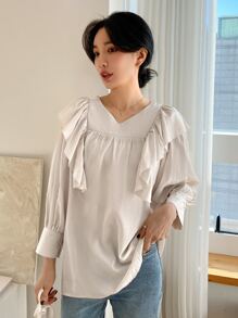 DAZY Blusa unicolor ribete con fruncido de manga obispo - Albaricoque - Ver 5