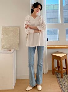 DAZY Blusa unicolor ribete con fruncido de manga obispo - Albaricoque - Ver 6