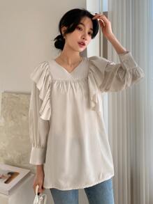 DAZY Blusa unicolor ribete con fruncido de manga obispo - Albaricoque - Ver 7