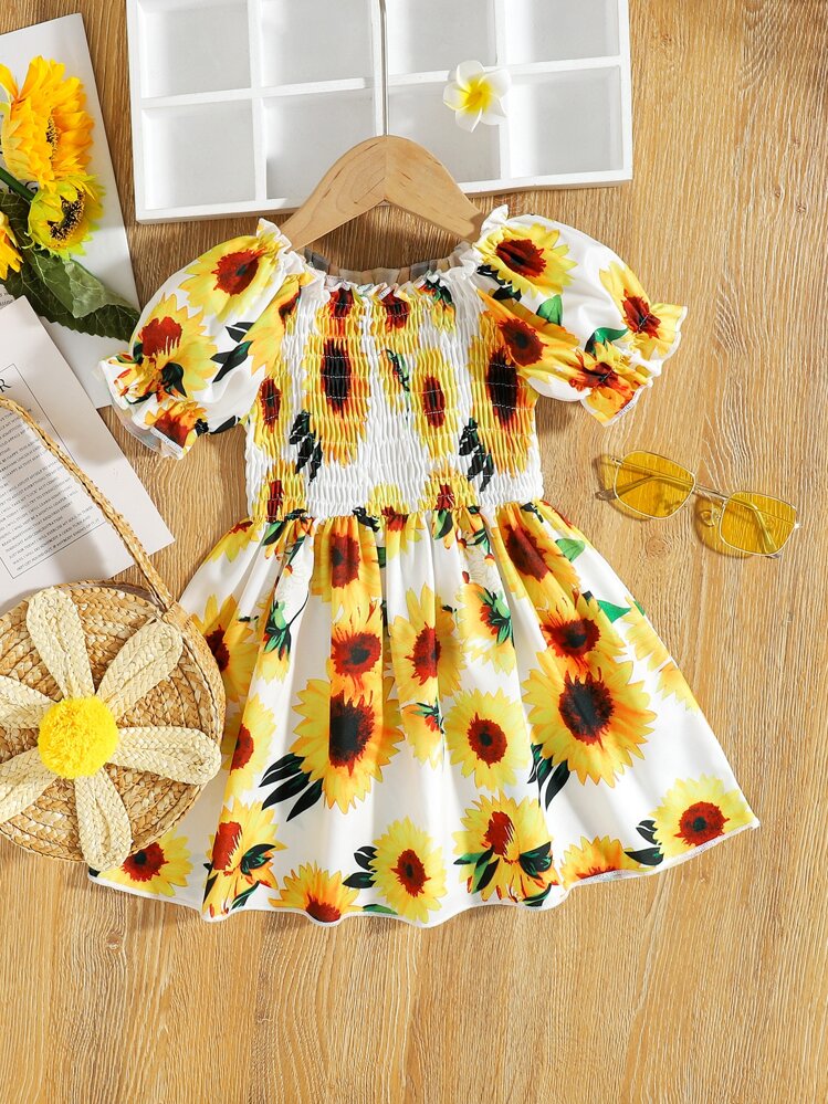 Toddler Girls Allover Sunflower Shirred A line Dress SHEIN ASIA