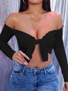 SHEIN SXY Áo nữ Xù nhỏ Thắt nơ trước màu trơn Gợi cảm - màu đen - Xem 1