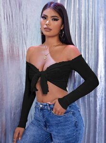 SHEIN SXY Áo nữ Xù nhỏ Thắt nơ trước màu trơn Gợi cảm - màu đen - Xem 3