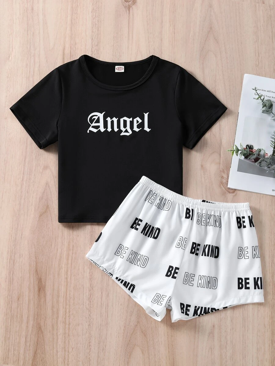 Conjunto de pijama de verano cómodo para niñas con mangas cortas y estampado de letras, 2 piezas - Blanco y Negro - Ver 1