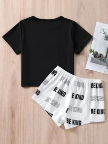 Conjunto de pijama de verano cómodo para niñas con mangas cortas y estampado de letras, 2 piezas - Blanco y Negro - Ver 2