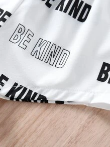 Conjunto de pijama de verano cómodo para niñas con mangas cortas y estampado de letras, 2 piezas - Blanco y Negro - Ver 6