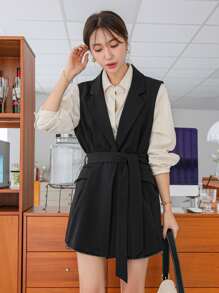 DAZY 翻领带扣细节腰带马甲西装外套商务装 - 黑色 - 查看 1