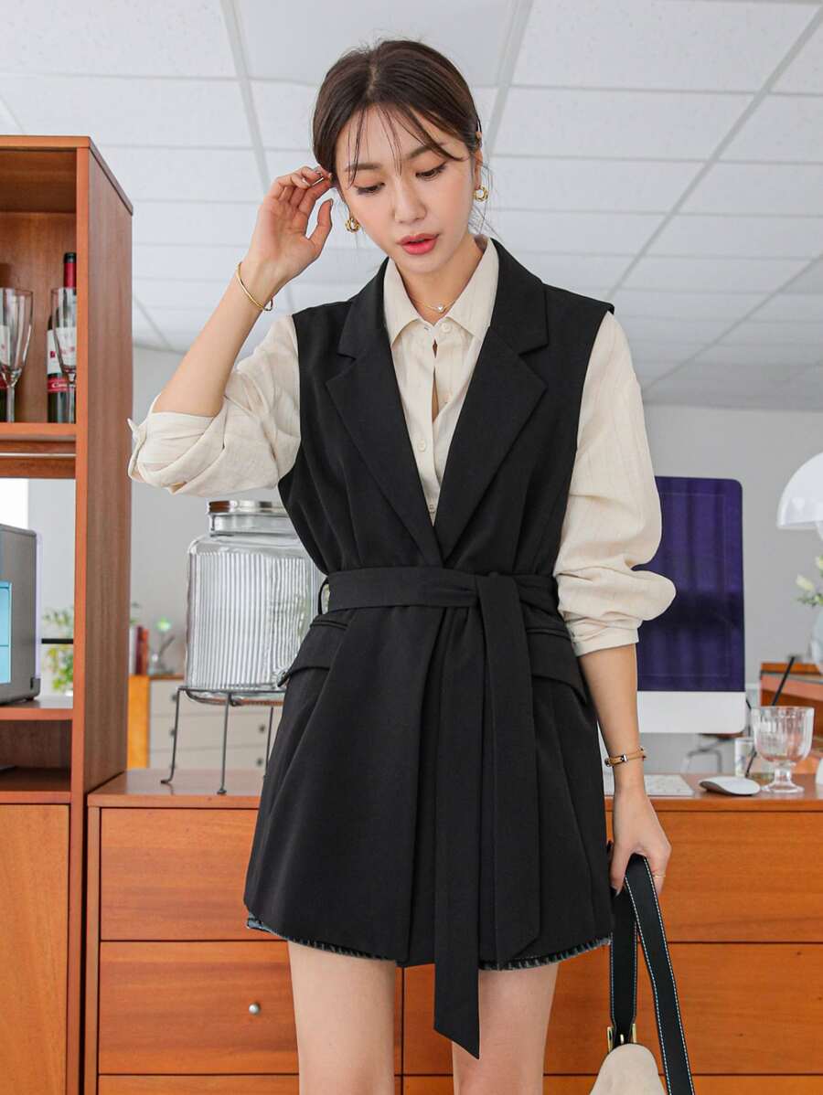 DAZY 翻领带扣细节腰带马甲西装外套商务装 - 黑色 - 查看 1