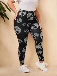 SHEIN LUNE 大碼骷髅頭圖案高腰緊身打底褲 - 黑與白 - 查看 1