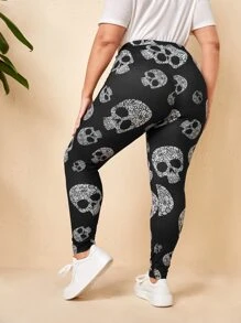 SHEIN LUNE 大碼骷髅頭圖案高腰緊身打底褲 - 黑與白 - 查看 2