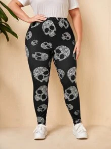 SHEIN LUNE 大碼骷髅頭圖案高腰緊身打底褲 - 黑與白 - 查看 3