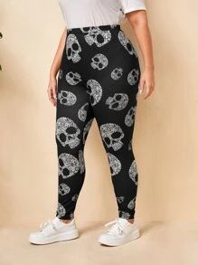 SHEIN LUNE 大碼骷髅頭圖案高腰緊身打底褲 - 黑與白 - 查看 4