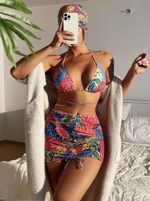 热带印花比基尼套装，配有沙滩裙和头巾，适合夏季度假 - 彩色 - 查看 1
