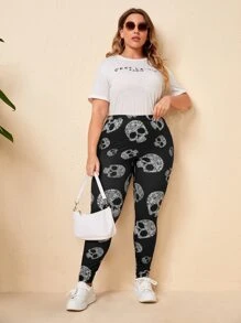SHEIN LUNE 大碼骷髅頭圖案高腰緊身打底褲 - 黑與白 - 查看 5