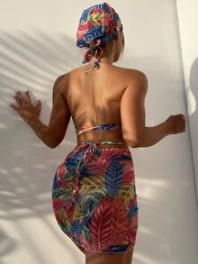 热带印花比基尼套装，配有沙滩裙和头巾，适合夏季度假 - 彩色 - 查看 2
