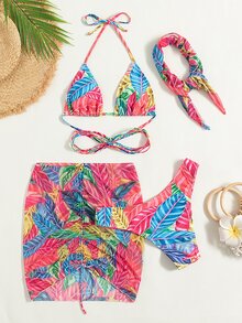 热带印花比基尼套装，配有沙滩裙和头巾，适合夏季度假 - 彩色 - 查看 3