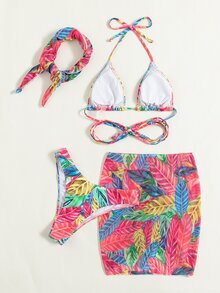 热带印花比基尼套装，配有沙滩裙和头巾，适合夏季度假 - 彩色 - 查看 4