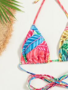 热带印花比基尼套装，配有沙滩裙和头巾，适合夏季度假 - 彩色 - 查看 5