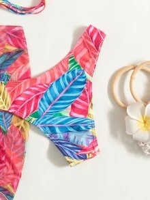 热带印花比基尼套装，配有沙滩裙和头巾，适合夏季度假 - 彩色 - 查看 6