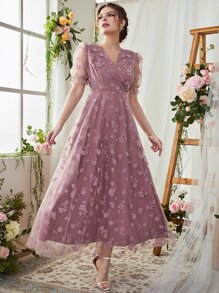 Vestido cruzado floral panel con malla - Púrpura malva - Ver 1