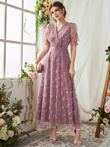 Vestido cruzado floral panel con malla - Púrpura malva - Ver 4