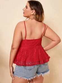 SHEIN Plus Ruffle Hem Backless Lace Cami Top - Red - View 2