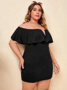 SHEIN Clasi Plus Ruffle Trim V-bar Dress - Black - View 4