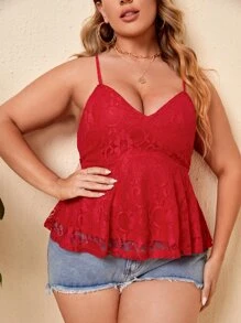 SHEIN Plus Ruffle Hem Backless Lace Cami Top - Red - View 5