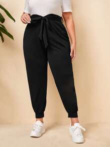 SHEIN Quần Plus Size Thắt lưng Thắt nơ trước màu trơn Giải trí - màu đen - Xem 1