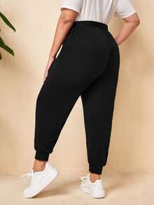 SHEIN Quần Plus Size Thắt lưng Thắt nơ trước màu trơn Giải trí - màu đen - Xem 2