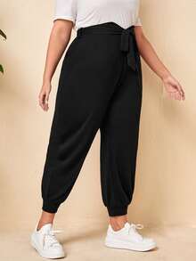 SHEIN Quần Plus Size Thắt lưng Thắt nơ trước màu trơn Giải trí - màu đen - Xem 3