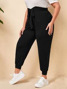 SHEIN Quần Plus Size Thắt lưng Thắt nơ trước màu trơn Giải trí - màu đen - Xem 5