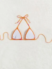 Floral Smocked Halter Triangle Bikini Top - Orange - View 2