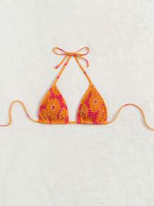 Floral Smocked Halter Triangle Bikini Top - Orange - View 3