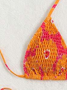 Floral Smocked Halter Triangle Bikini Top - Orange - View 4