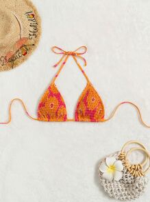 Floral Smocked Halter Triangle Bikini Top - Orange - View 5
