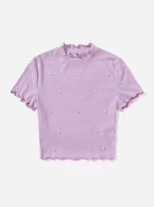 Muchica Top ribete en forma de lechuga tejido de canalé con cuenta con perla - Lila Púrpura - Ver 5