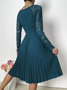 Chiquease Đầm Tương phản ren Xếp li màu trơn Thanh lịch - Màu xanh ngọc - Xem 2