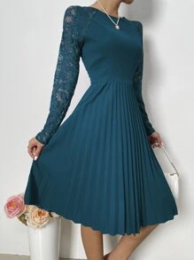 Chiquease Đầm Tương phản ren Xếp li màu trơn Thanh lịch - Màu xanh ngọc - Xem 3