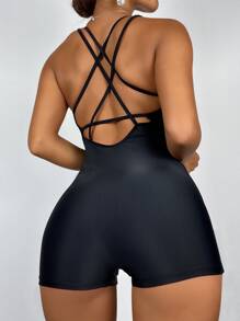 Swim SPRTY Summer Beach Solid One Piece Swimsuit - Black - View 1