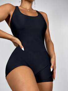Swim SPRTY Summer Beach Solid One Piece Swimsuit - Black - View 2