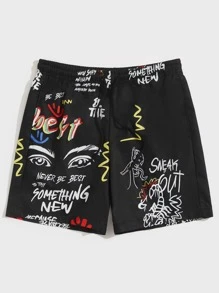 Manfinity VCAY Loose Men Slogan & Figure Graphic Drawstring Waist Shorts - Black - View 1