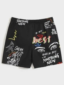 Manfinity VCAY Loose Men Slogan & Figure Graphic Drawstring Waist Shorts - Black - View 2
