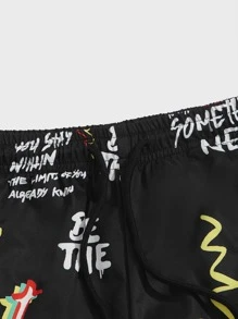 Manfinity VCAY Loose Men Slogan & Figure Graphic Drawstring Waist Shorts - Black - View 3