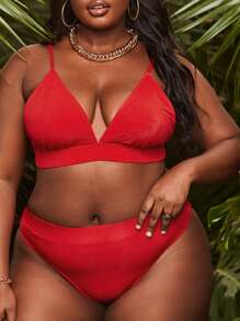 Plus Size Solid Triangle Bikini Set Summer Beach - Red - View 1