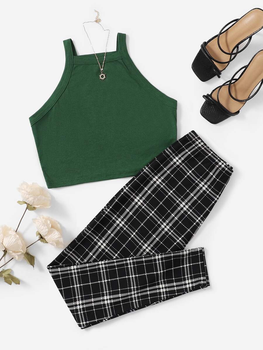 SHEIN Unity Conjunto top halter corto unicolor con leggings de cuadros - Multicolor - Ver 1