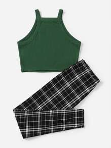 SHEIN Unity Conjunto top halter corto unicolor con leggings de cuadros - Multicolor - Ver 2