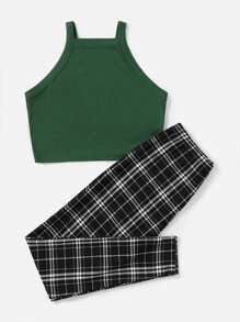 SHEIN Unity Conjunto top halter corto unicolor con leggings de cuadros - Multicolor - Ver 4