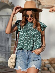 小碎花打褶蝴蝶袖襯衫 - 墨綠色 - 查看 6